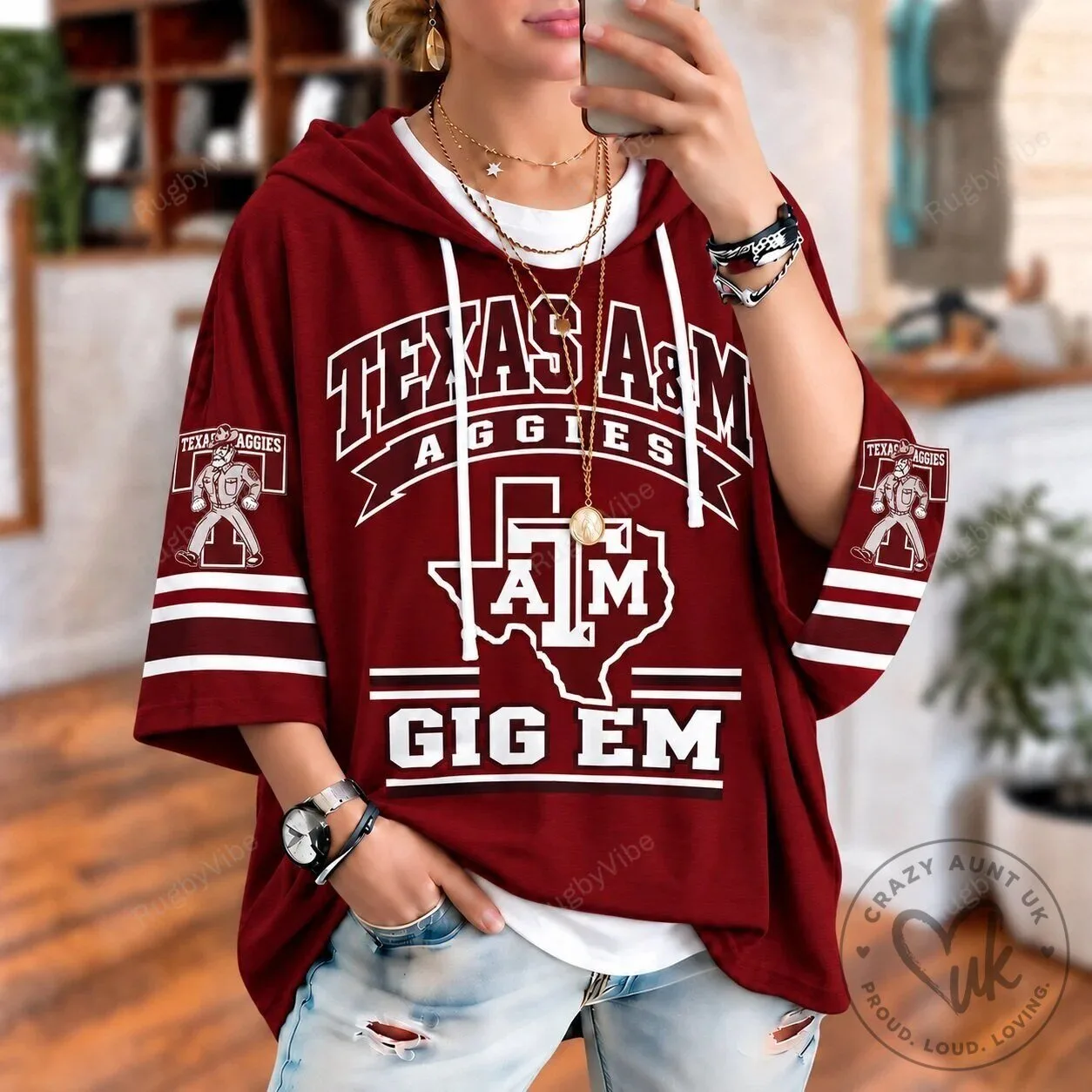 Texas A&M Aggies Gig Em Maroon Oversized Short Sleeve Hoodie
