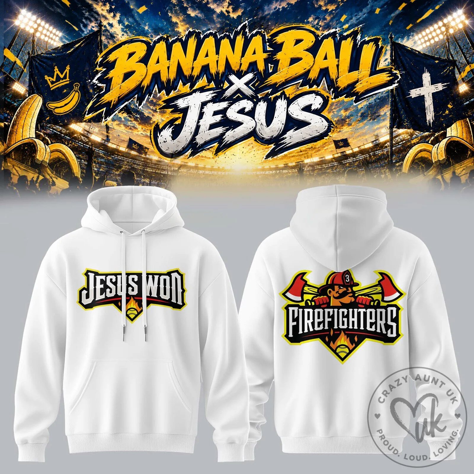 Jesus Won Banana Ball Firefighters Baseball Fan White Pullover Hoodie