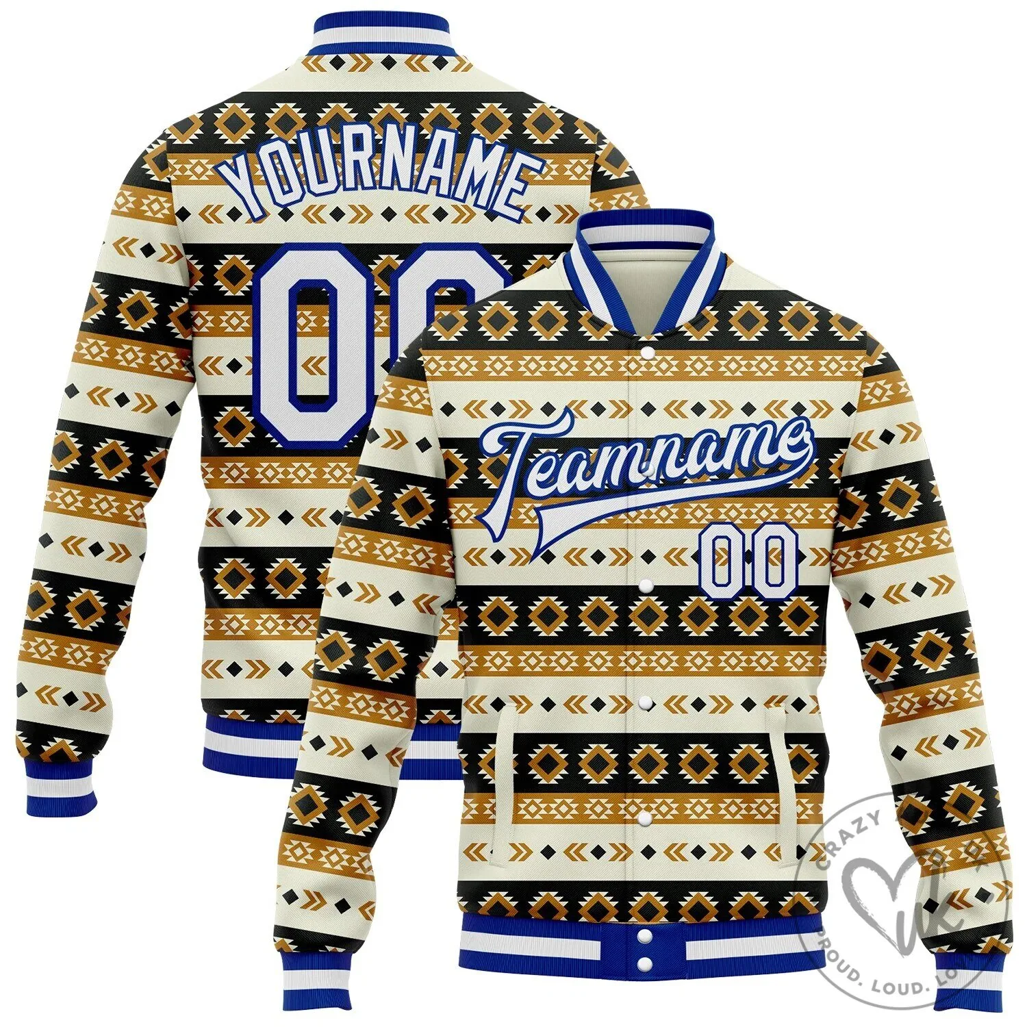 Custom Cream White Royal Southwestern Geometric Aztec Bomber Varsity Jacket