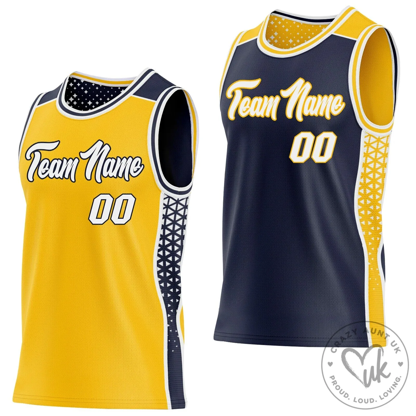 Custom Gold White Navy Side Panel Stripe Geometric Triangle Gradient Dot Reversible Basketball Jersey
