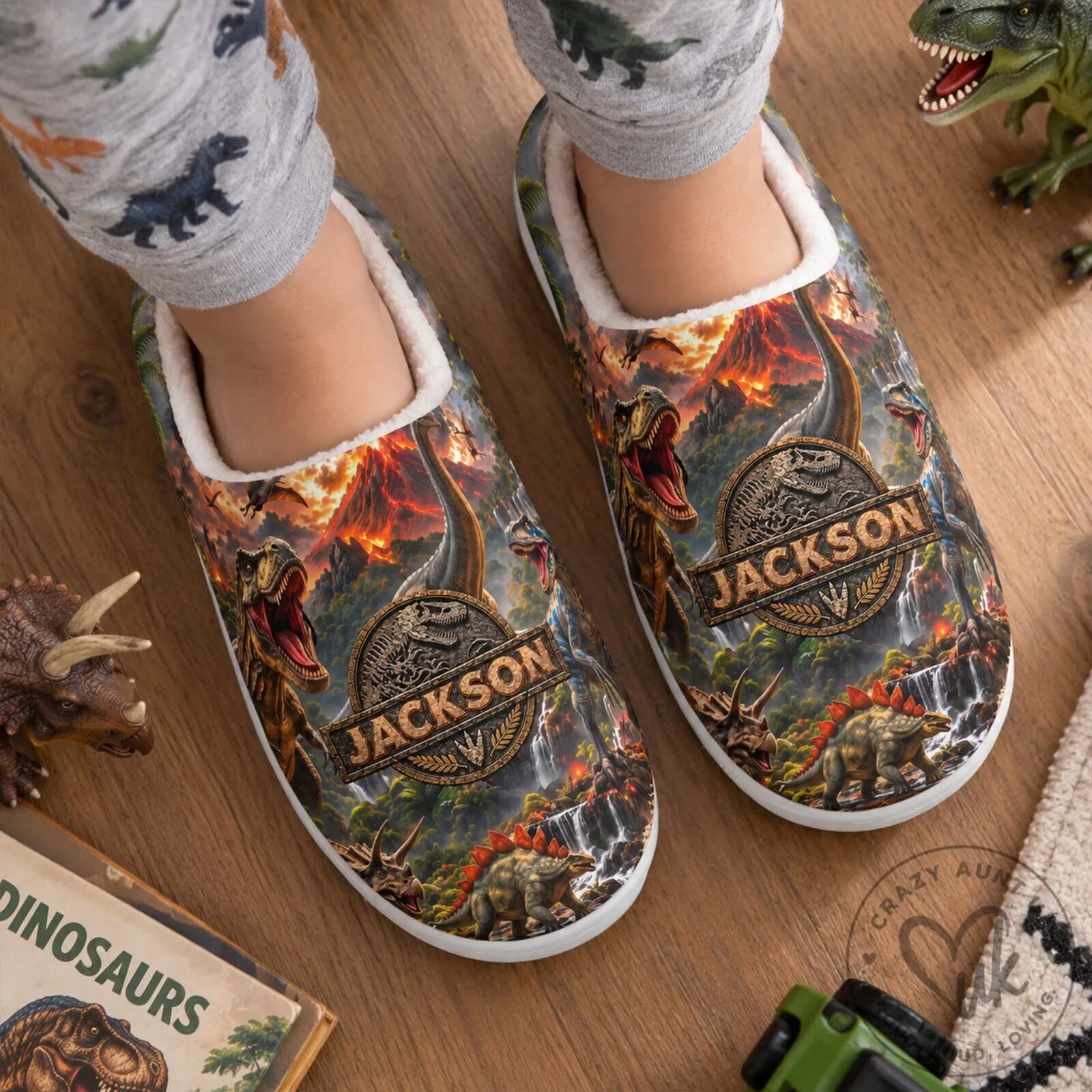 Personalized Jurassic Park Dinosaurs T-Rex Volcano Custom Name Slippers