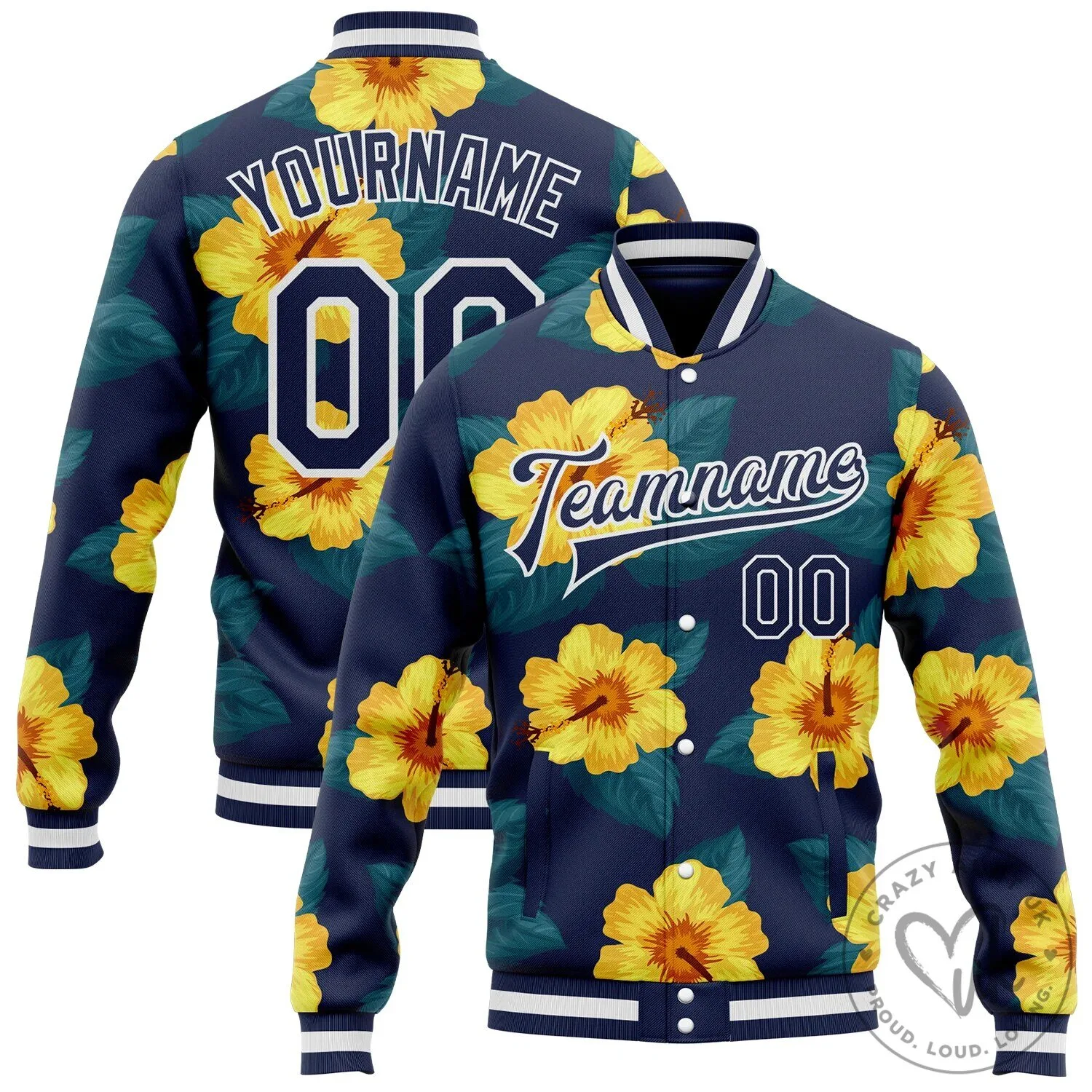 Custom Navy Blue Yellow Hibiscus Floral Print Varsity Bomber Jacket