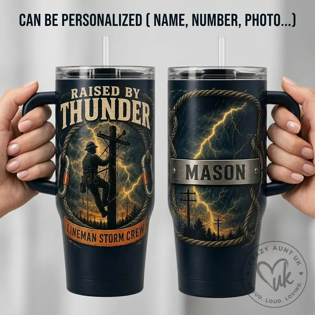 Lineman Storm Crew Raised By Thunder Personalized 40oz Tumbler With Handle