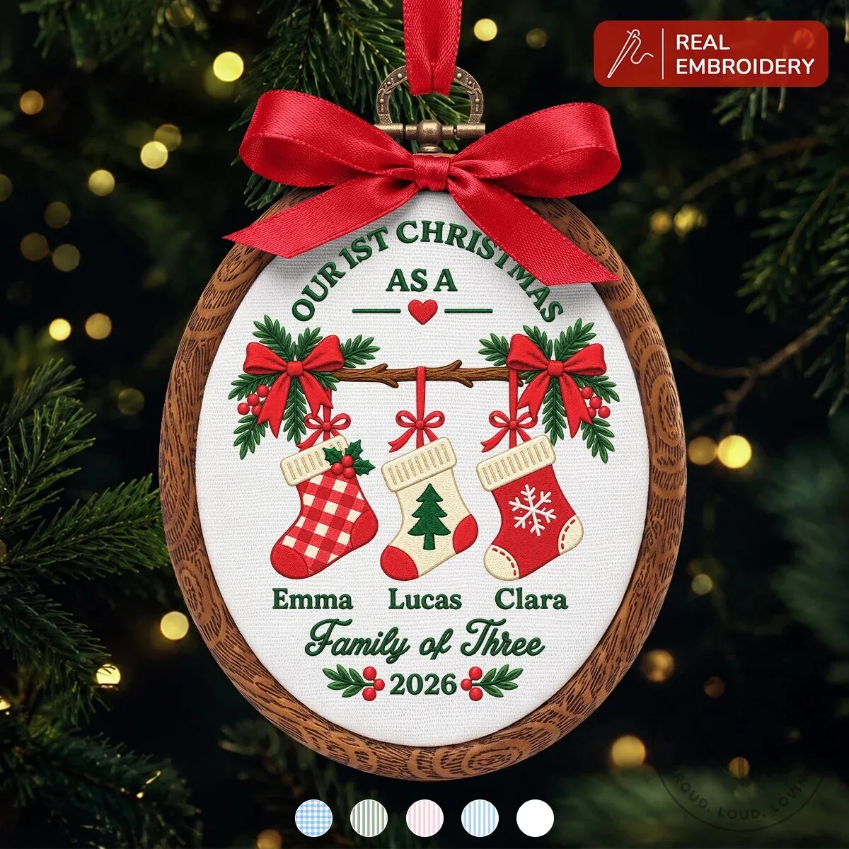 Our First Christmas Family of Three Personalized Embroidered Oval Ornament