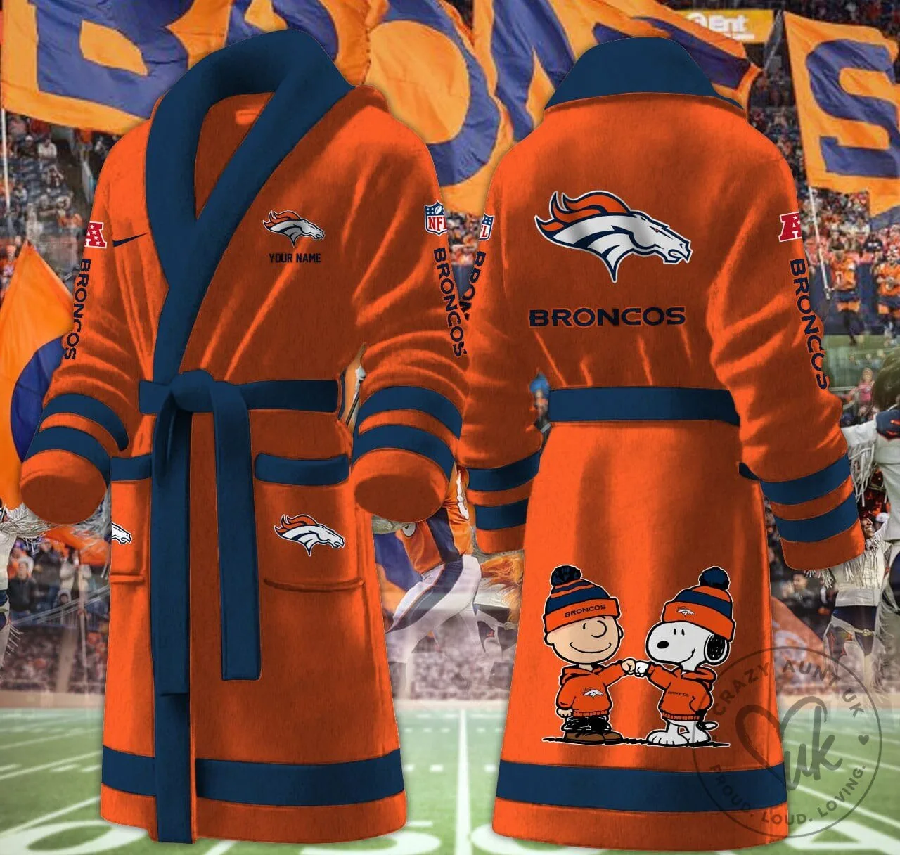 Denver Broncos Snoopy and Charlie Brown Fleece Bathrobe