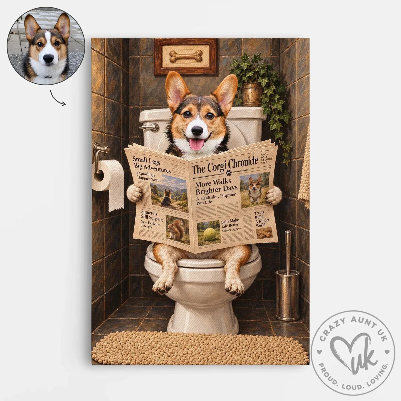 Personalized Corgi Dog Reading Newspaper on Toilet Canvas Wall Art