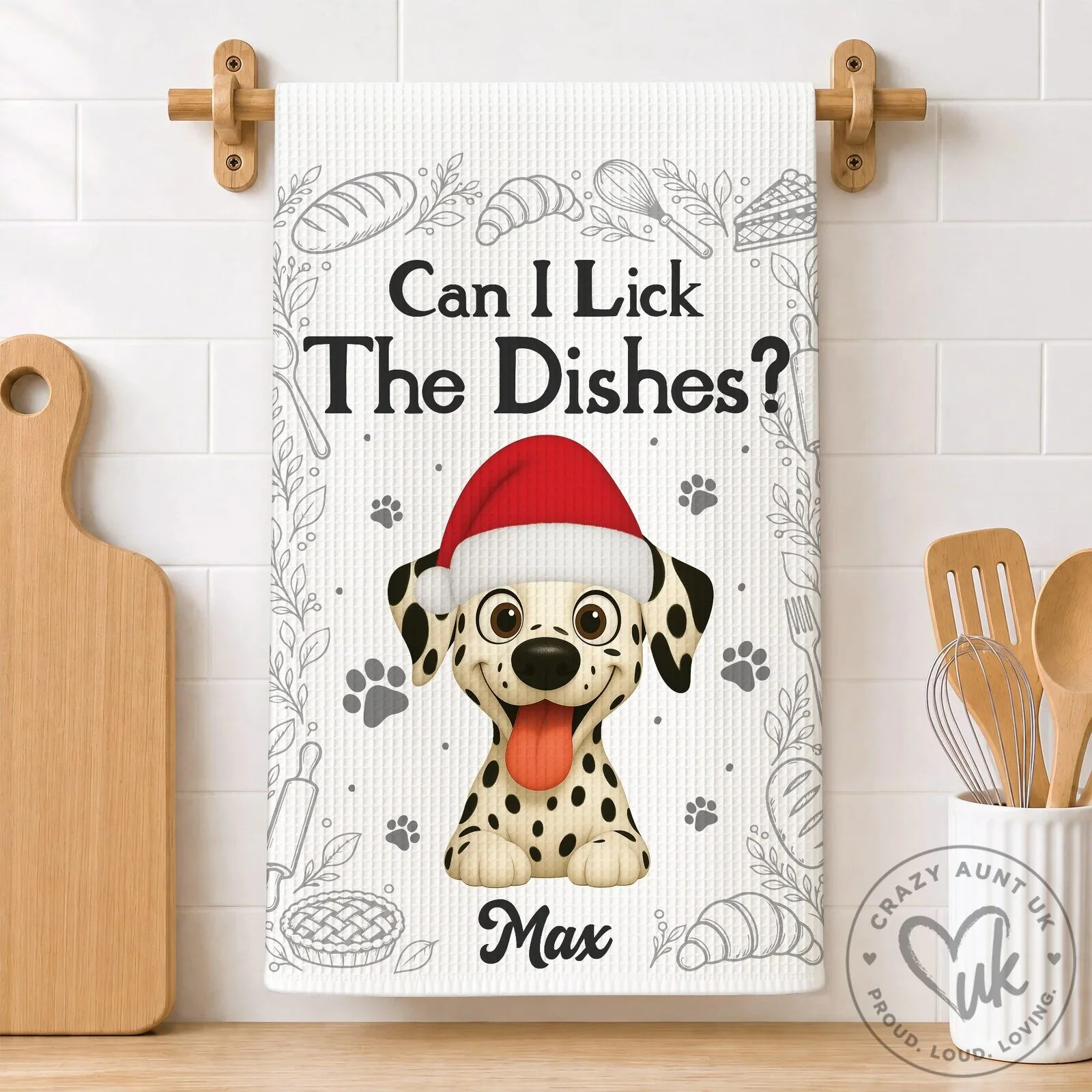 Personalized Dalmatian Dog Christmas Can I Lick The Dishes Kitchen Towel