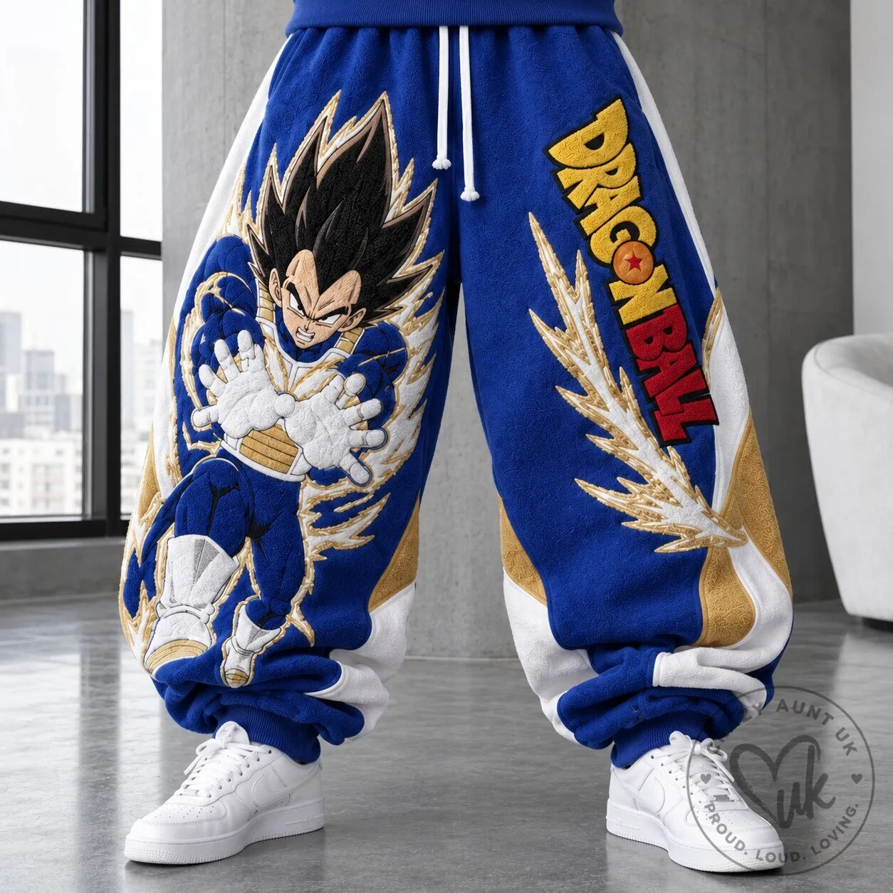 Dragon Ball Z Vegeta Super Saiyan Blue Embroidered Loose-Fit Sweatpants