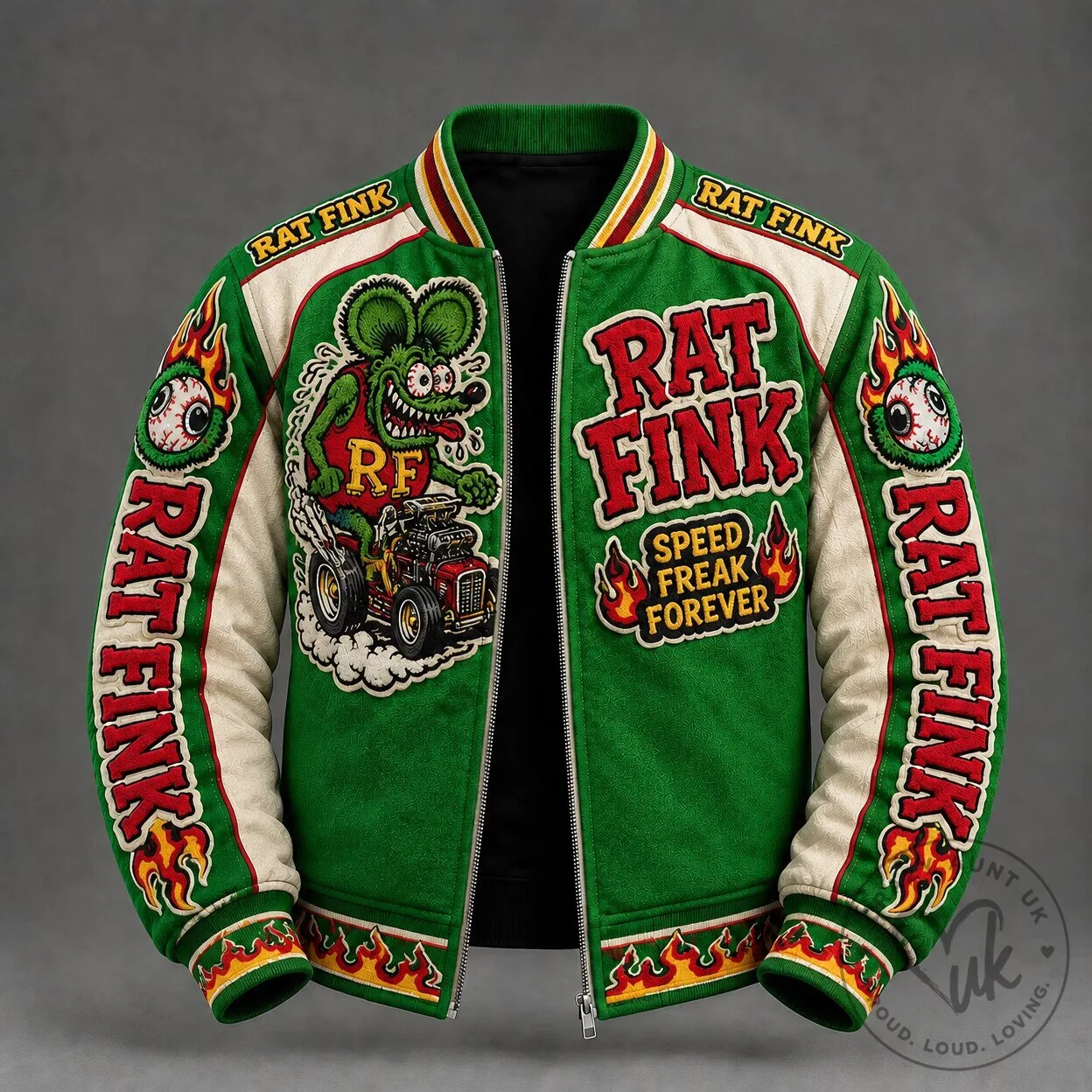 Rat Fink Speed Freak Forever Hot Rod Green Bomber Jacket