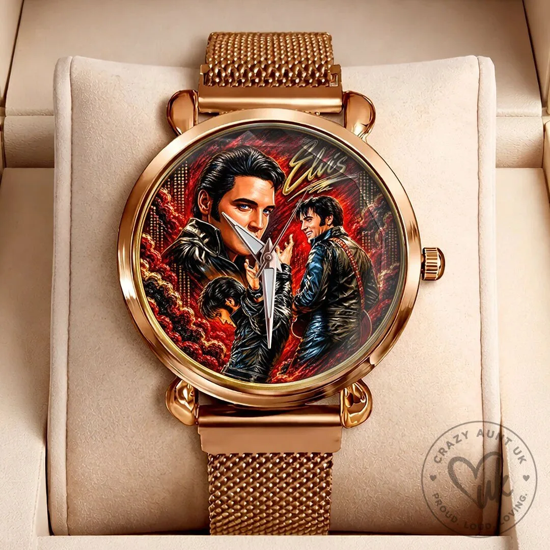 Elvis Presley Rock and Roll King Gold Tone Mesh Strap Watch