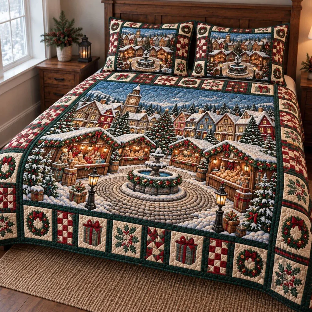 Winter Wonderland Quilted Bedding Set with Pillow Shams for a Christmas Village Theme Winter Wonderland Quilted Bedding Set with Pillow Shams for a Christmas Village Theme