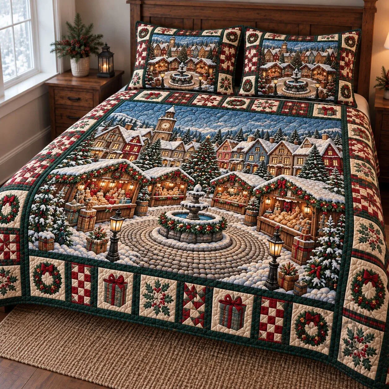 Winter Wonderland Quilted Bedding Set with Pillow Shams for a Christmas Village Theme 7 Winter Wonderland Quilted Bedding Set with Pillow Shams for a Christmas Village Theme