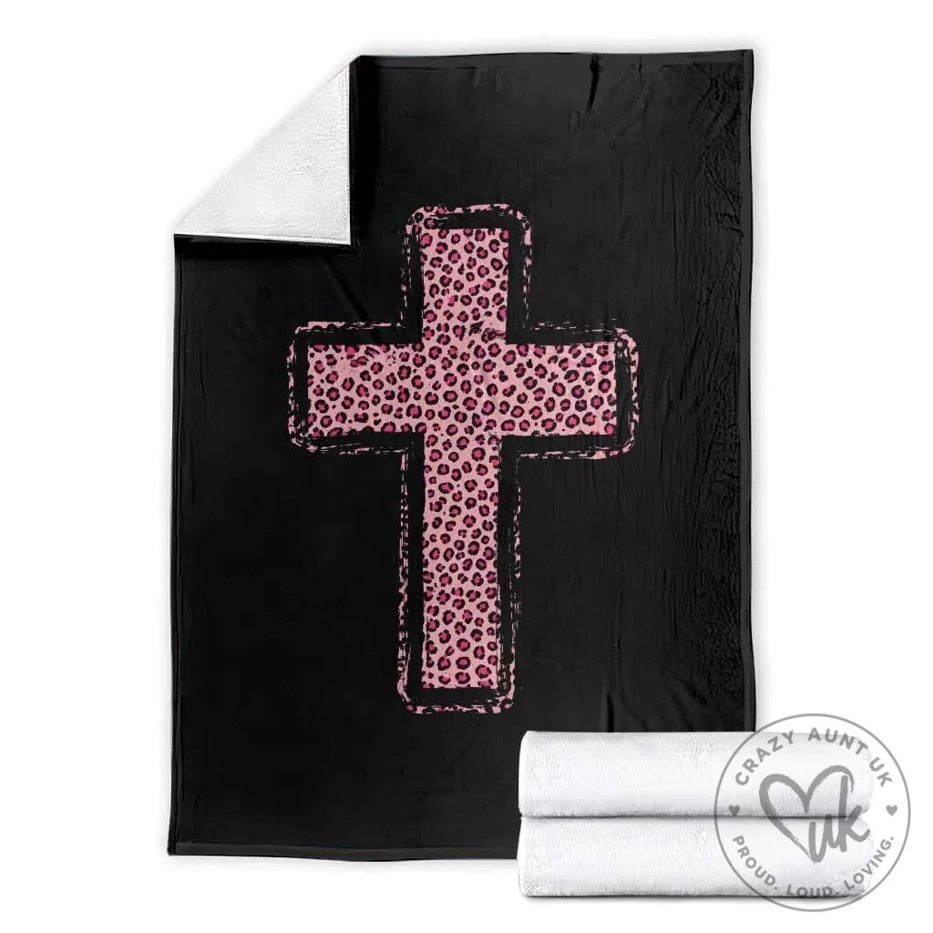 Pink Leopard Print Christian Cross Brushstroke Religious Faith Throw Blanket