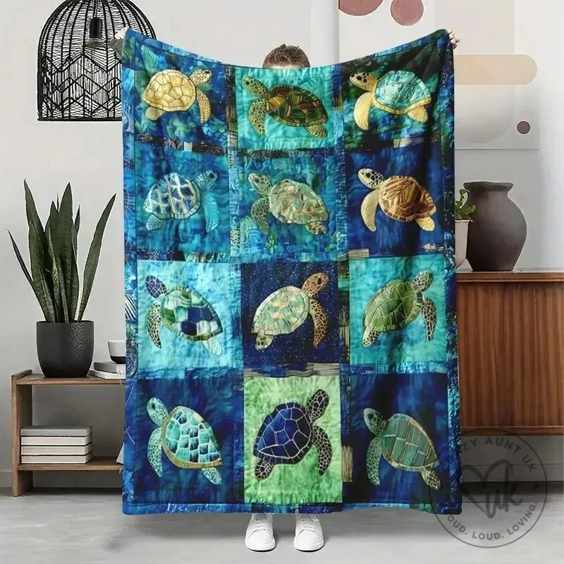 Sea Turtle Ocean Mosaic Patchwork Flannel Fleece Blanket