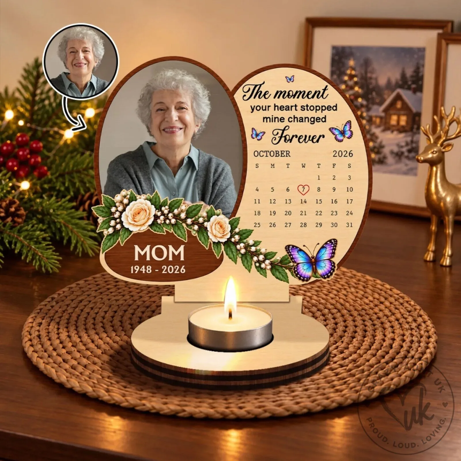Personalized Memorial Candle Holder for Mom with Photo and Calendar Remembrance