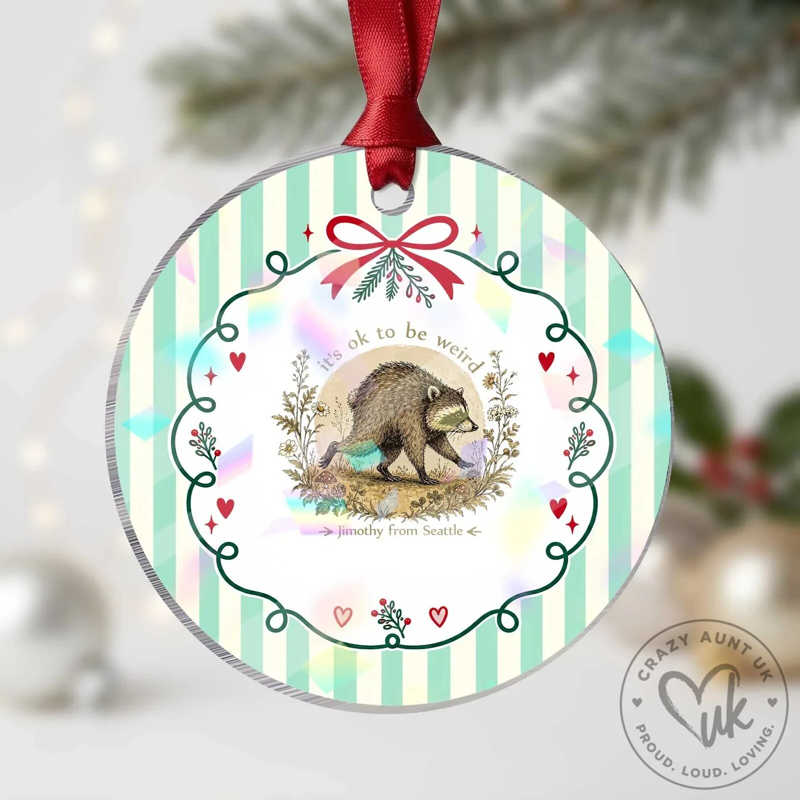 It's Okay To Be Weird Jimothy The Raccoon Cottagecore Floral Christmas Ornament